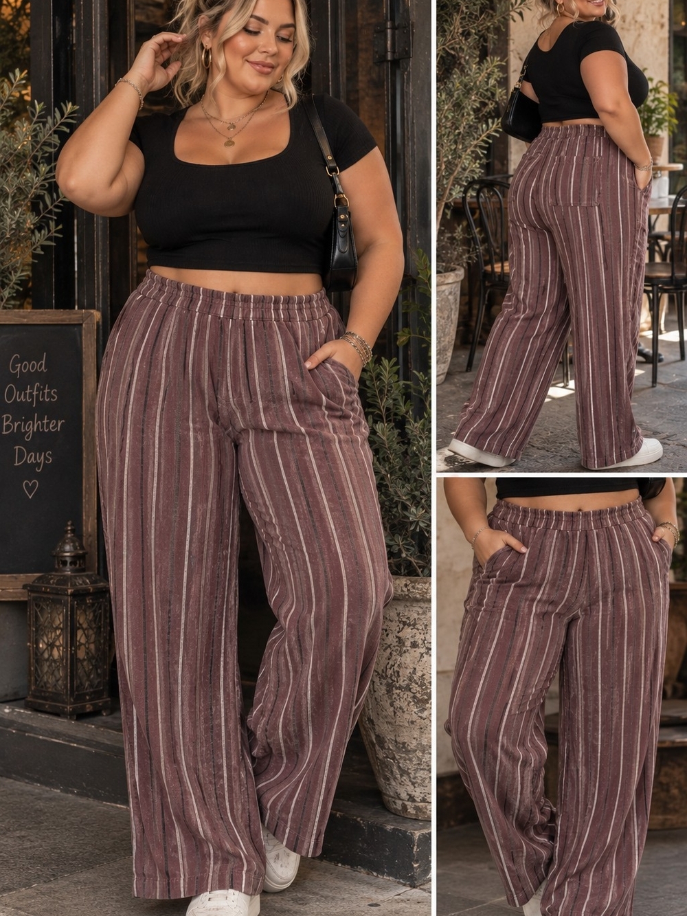 Sonoma XL Striped Linen Blend Pants Burgundy Wide Leg Pull On Pockets